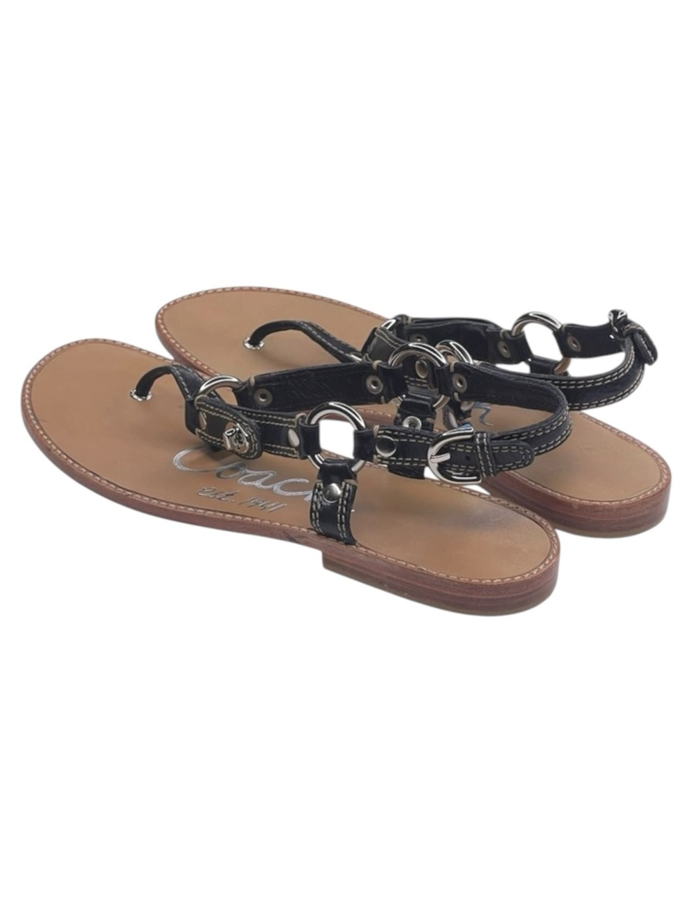 Deadstock: new Coach ࿌ Raiven Hardware Turnlock Flat Sandals ࿌ Black Leather ࿌ - Picture 6 of 16